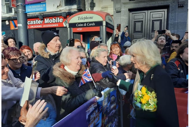 Queen Consort Camilla is greeted by fans in Doncaster
