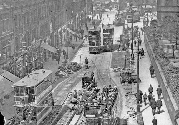Laying the tram-tracks on Pinstone Street, 1909