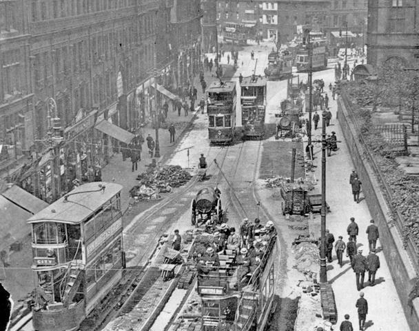 Laying the tram-tracks on Pinstone Street, 1909