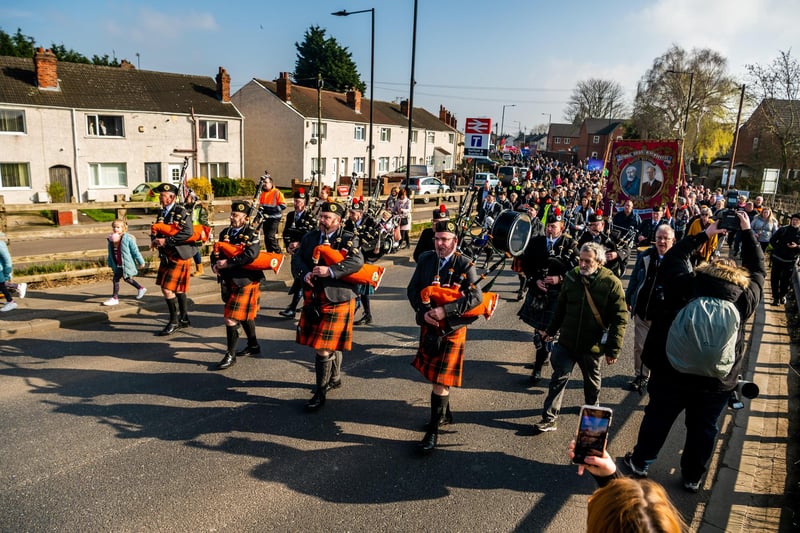 A pipe band led the march through the streets of Doncaster.