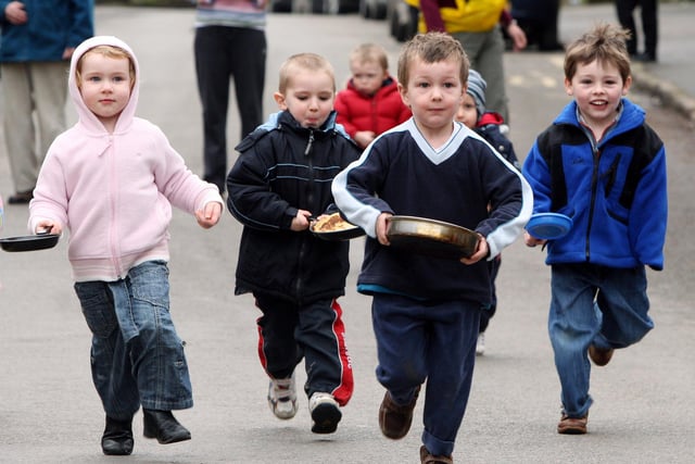 Action from the pancake day races in Winster in 2007.