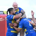 Dons celebrate Pauli Pauli's try. Picture: Howard Roe/AHPIX.com