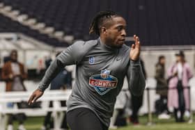 Turning the corner: Jacob Smillie shows off his speed at the NFL International Combine. The former rugby league player will play in Germany this season.