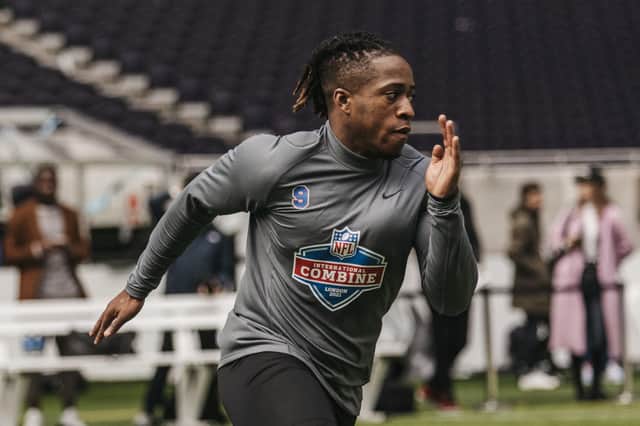 Turning the corner: Jacob Smillie shows off his speed at the NFL International Combine. The former rugby league player will play in Germany this season.