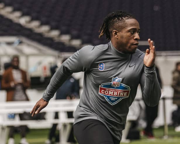 Turning the corner: Jacob Smillie shows off his speed at the NFL International Combine. The former rugby league player will play in Germany this season.