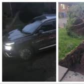 The tree can be seen crashing down behind the car at a house in Skellow.