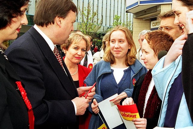 Labour's deputy leader John Prescott meets the people on his walkabout in Doncaster town centre. With him are Caroline Flint (left) and Rosie Winterton (third left) the prospective Parliamentary candidates for Don Valley and Doncaster Central respectively, April 1997