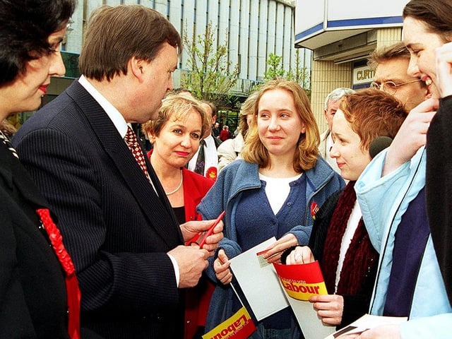 Labour's deputy leader John Prescott meets the people on his walkabout in Doncaster town centre. With him are Caroline Flint (left) and Rosie Winterton (third left) the prospective Parliamentary candidates for Don Valley and Doncaster Central respectively, April 1997