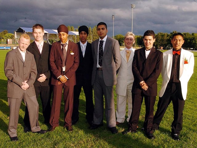 Hallcross School's Year 11 prom at Doncaster Rugby Club. Pictured, left to right, Jason Croxall,16, Scott Johnson,16, Jag Singh,15, Sunny Singh,15, Suhail Amjad,16, Michael Howard, 16, Danny Jeavons,16 and Yugal Angbo,15, May 2006