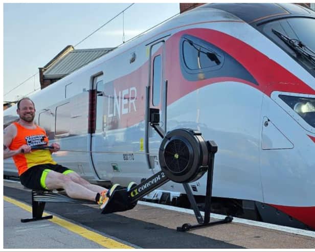 Davey Glover is rowing to London on an LNER Azuma train.