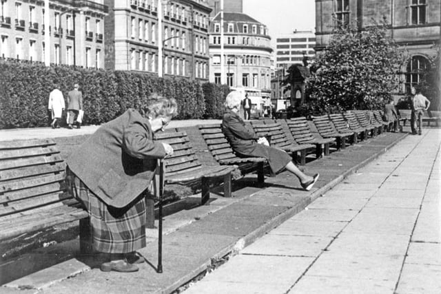 Taking a rest in the Peace Gardens, Pinstone Street, c1985