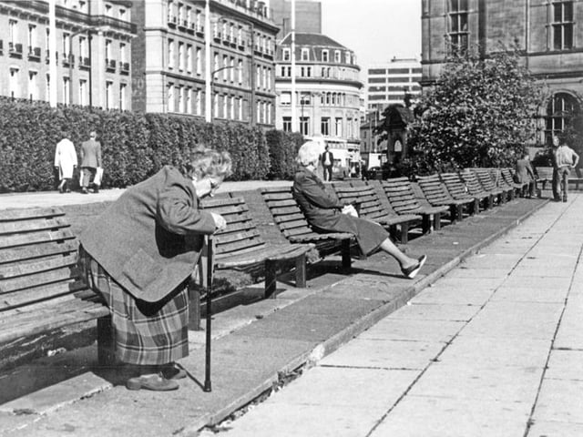 Taking a rest in the Peace Gardens, Pinstone Street, c1985