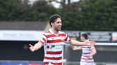 Aidan Barlow celebrates opening the scoring against Harrogate Town for Doncaster Rovers. Picture: Howard Roe/AHPIX LTD