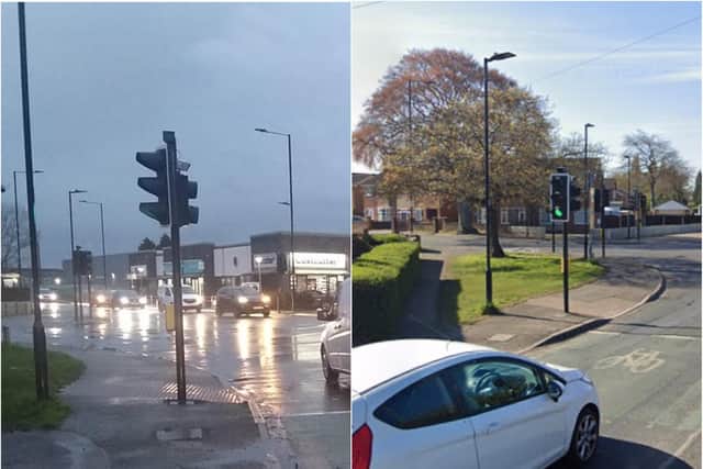 The twisted traffic light and how it normally looks.