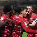 Rovers celebrate after Joseph Olowu's winner against Shrewsbury Town