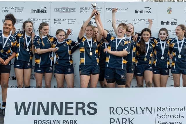 Hill House under-14s girls celebrate winning the Rosslyn Park HSBC National Schools 7s competition.