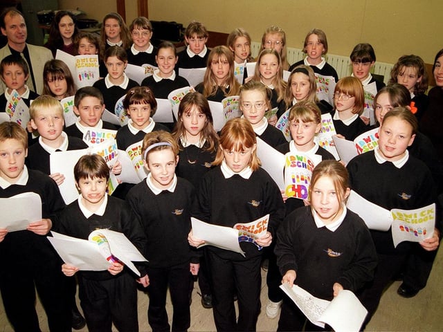 Adwick School choir rehearse with head of music Cliff Maddox and music teacher Natasha Miller, November 16, 1999