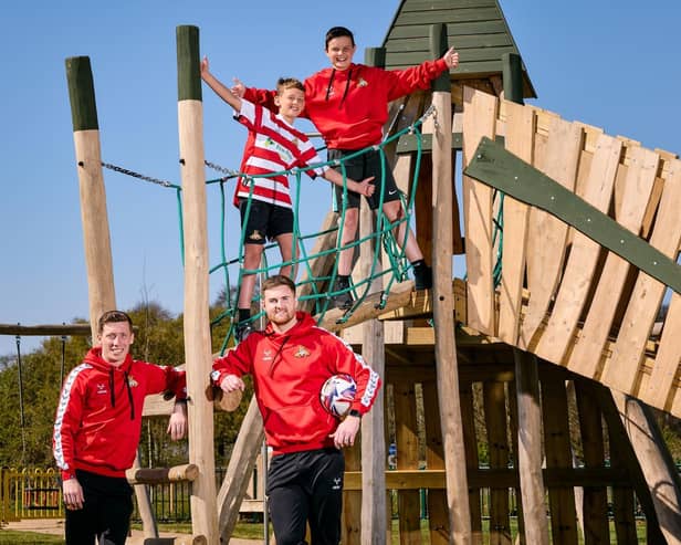 Doncaster Rovers celebrate outdoor play at Albemarle Homes development Westmoor Grange in Armthorpe.