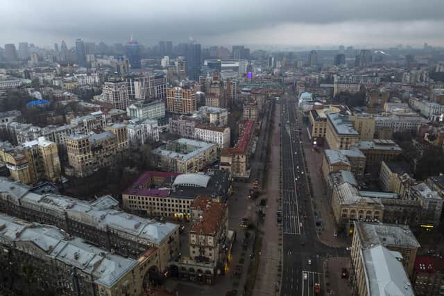 This photo shows a view of the city of Kyiv, Ukraine, Thursday, Feb. 24, 2022. Russian President Vladimir Putin on Thursday announced a military operation in Ukraine. (AP Photo/Emilio Morenatti)