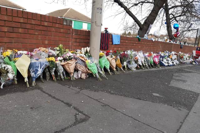Pictured are the many floral tributes that were laid in honour of deceased drive-by shooting victim Lewis Williams who was killed on Wath Road, in Mexborough.