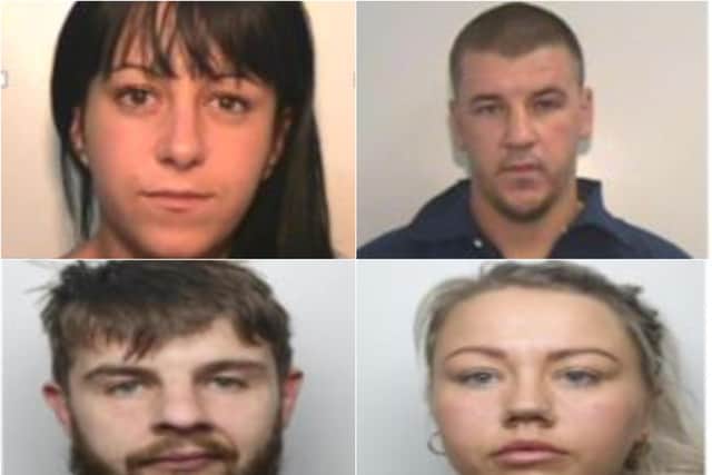 Claire Anderson (top left) has become the fourth member of a gang responsible for smuggling drugs into prison, following the conviction of inmate James Millington (top right); 'delivery man' Callum Reilly (bottom left) and former prison officer Rio Moran (bottom right), all of whom were jailed on March 1