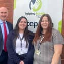 John Healey with (from left to right) Helping Hands Deputy Manager Emma wood and Centre Manager Kelly Widdowson.