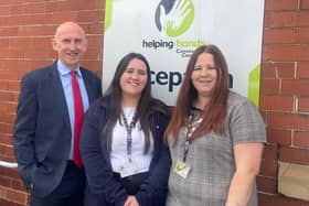 John Healey with (from left to right) Helping Hands Deputy Manager Emma wood and Centre Manager Kelly Widdowson.