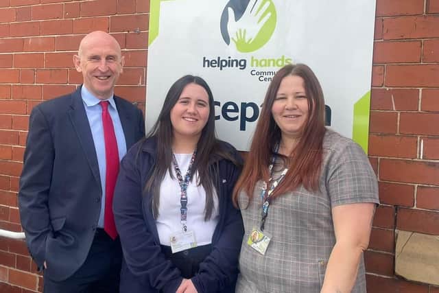 John Healey with (from left to right) Helping Hands Deputy Manager Emma wood and Centre Manager Kelly Widdowson.