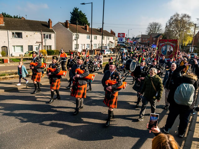 A pipe band marched through Doncaster for the 40th anniversary parade.