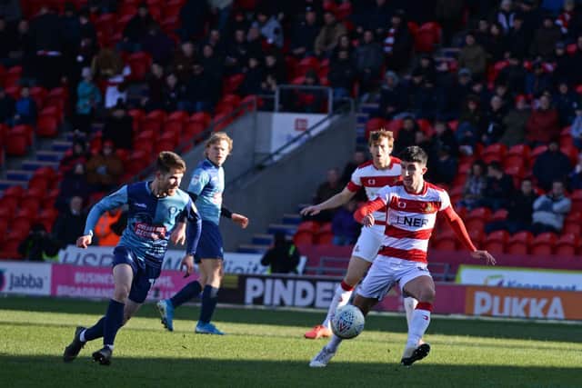 Danny Amos in action for Doncaster Rovers against Wycombe Wanderers