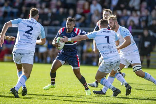 OVER THE LINE: Doncaster Knights' Maliq Holden scored a try at London Scottish on Saturday. Picture Tony Johnson
