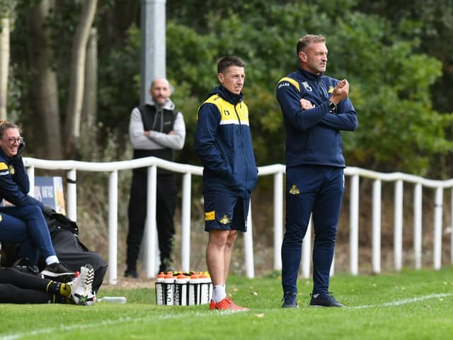 Doncaster Rovers' Belles manager Nick Buxton (right) with his assistant Daniel Solts.