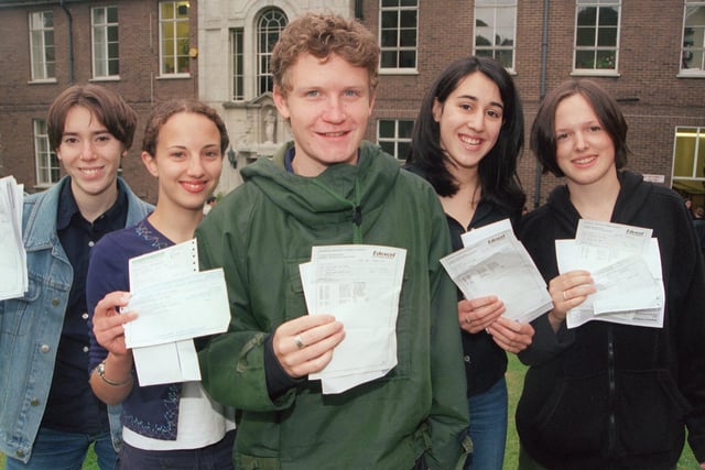 Sarah Davis, Helena Drury, Chris McHugh, Deborah  Antcliff, and Emily Daines show off their grades in 1999