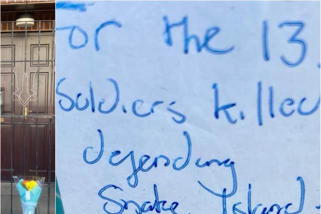 A florarl tribute was left to 13 Ukrainian soldiers outside the Ukrainian Centre in Doncaster. (Photo: Doncaster Ukrainian Centre).