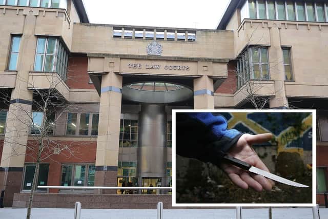 Sheffield Crown Court, pictured, has heard how a "terrifying" knifeman laid siege at a Rotherham bakery where a customer took refuge behind a locked door. Also pictured is an example of a knife.