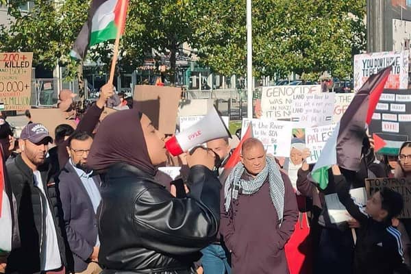 Hundreds gathered in Sir Nigel Gresley Square for a demonstration in support of Palestine.