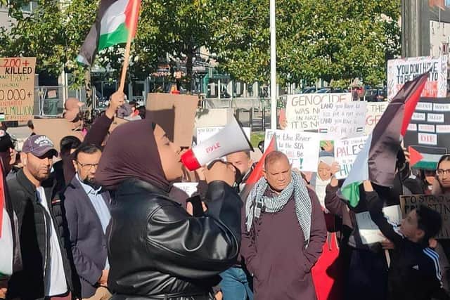 Hundreds gathered in Sir Nigel Gresley Square for a demonstration in support of Palestine.