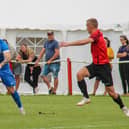 Goalscorer Matty Hughes in action for Armthorpe Welfare against Teversal. Photo: Steve Pennock