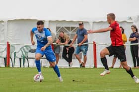 Goalscorer Matty Hughes in action for Armthorpe Welfare against Teversal. Photo: Steve Pennock