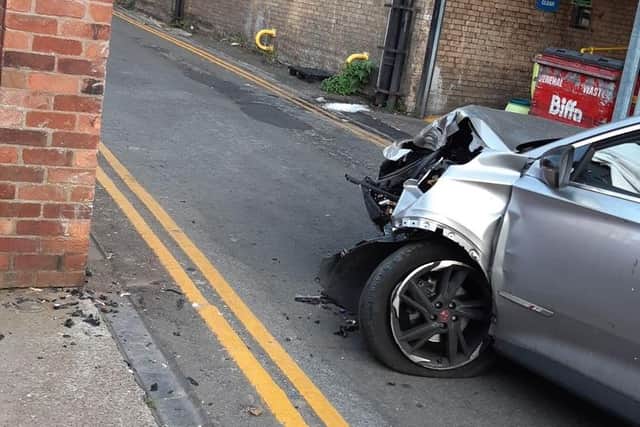Wrecked car after it crashed into a wall on Park Road Doncaster.