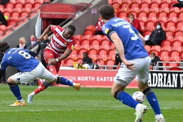 Fejiri Okenabirhie fires on goal against Charlton. Picture: Andrew Roe/AHPIX