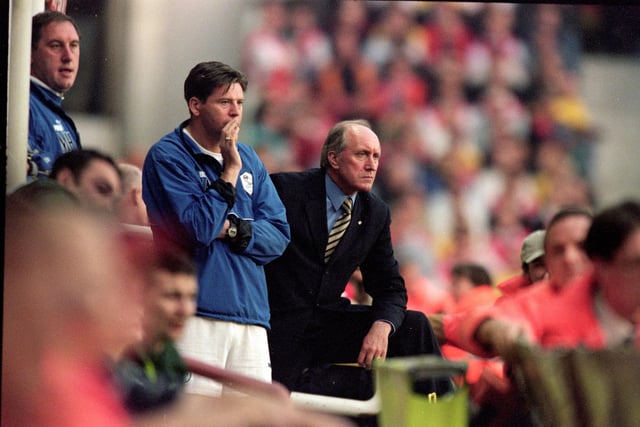 Caretaker manager Peter Shreeves and his assistant Chris Waddle look on during the FA Carling Premiership match against Arsenal at Highbury in May 2000 - a game the Owls drew 3-3 and saw them relegated from the top flight.