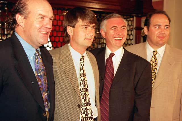 In 1998 and looking forward to a new future for Doncaster Rovers. From left, Aidan Phelan, the club's new owner, Ian Snodin, the new manager, John Ryan, the new chairman, and Ian McMahon, the new chief executive.