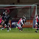 Kyle Vassell fires in the equaliser for Fleetwood against Rovers. Picture: Steve Flynn/AHPIX