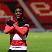 Doncaster's Mo Faal celebrates his goal which regained Rovers' lead against Colchester. (Picture Howard Roe/AHPIX LTD)