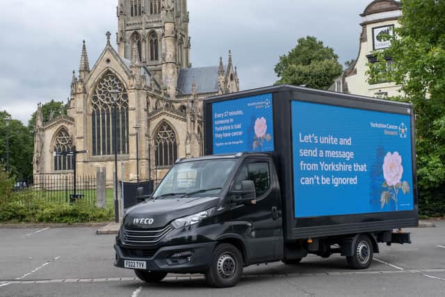 Yorkshire Cancer Research brought its ‘White Rose’ campaign to Doncaster, using mobile digital billboards to shine a spotlight on the region’s cancer inequalities. Photo copyright, contact for licensing: Jonathan Pow/jp@jonathanpow.com (REF: POW_250729_1825)