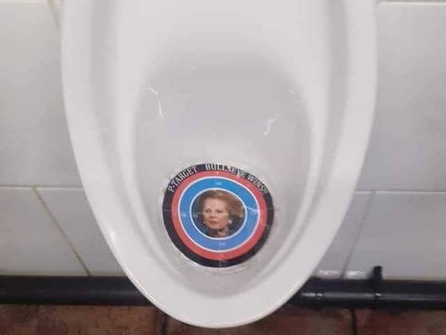 A target featuring the face of Margaret Thatcher was left in a Doncaster urinal following a Miners' Strike anniversary event. (Photo: Facebook).
