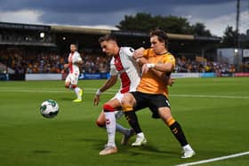 Jan Bednarek of Southampton holds off Joe Ironside of Cambridge during the Carabao Cup Second Round match between Cambridge United and Southampton at Abbey Stadium on August 23, 2022 in Cambridge, England. (Photo by Alex Burstow/Getty Images)