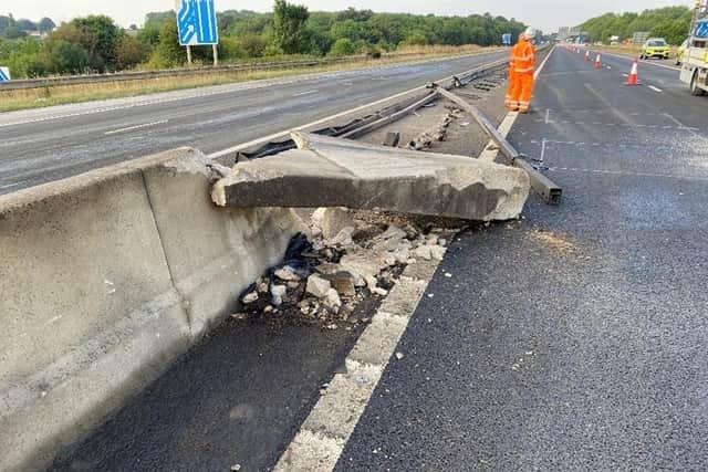The concrete barrier was severely damaged in last month's incident