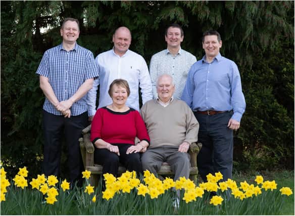 Garden centre boss Gary Plevey has died at the age of 81. Mr Plevey is pictured front right with his wife and four sons. (Photo: Pleveys Garden World).